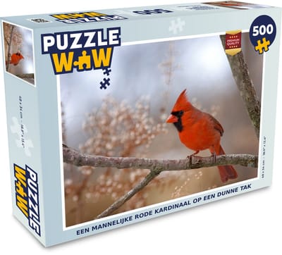 Puzzel Een mannelijke rode kardinaal op een dunne tak - Legpuzzel - Puzzel 500 stukjes
