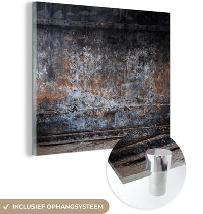 MuchoWow® Glasschilderij 50x50 cm - Schilderij acrylglas - IJzer - Vintage - Roest - Grijs - Bruin - Abstract - Foto op glas - Schilderijen