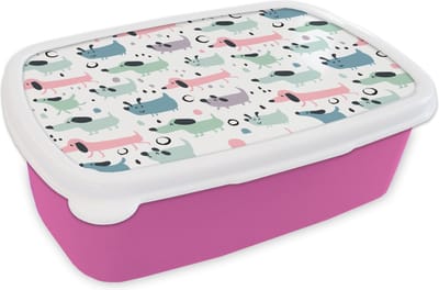 Broodtrommel Roze - Lunchbox - Brooddoos - Patroon - Hond - Tekenen - Jongens - Meisjes - Kinderen - Kind - 18x12x6 cm - Kinderen - Meisje