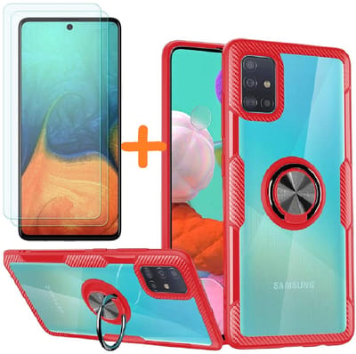 Hoesje Geschikt Voor Samsung Galaxy A71 hoesje Luxe carbon TPU Backcover - Metalen Ring Houder - Rood met 2 pack screenprotector