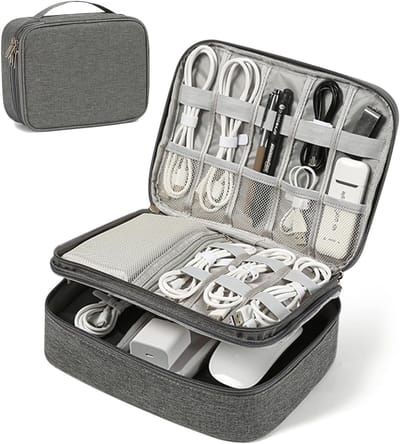 Famanu - Kabeltas, elektronische tas, universele reiskabel, organizer, tas, 3 lagen, waterdicht, reis-accessoiretas, kabelorganizertas voor mobiele telefoon, USB-oplaadkabel, powerbank, grijs