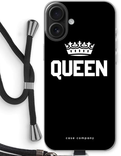Case Company® - Hoesje met koord geschikt voor iPhone 16 Plus hoesje met Koord - Queen zwart - Telefoonhoesje met Zwart Koord - Bescherming aan alle Kanten en Over de Schermrand