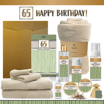 Geschenkset “65 Happy Birthday!” - 12 producten - 1910 gram | Giftset voor haar hem Vijfenzestig jaar Cadeau Luxe Wellness Pakket Vrouw Man Speciaal Cadeaupakket Geschenk Douche Verjaardag Feestje Gift Set Handdoeken Fleecedeken Groen Beige Goud