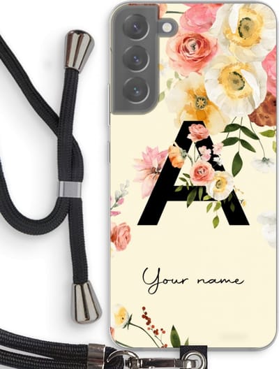 Gepersonaliseerd - Case Company® - Hoesje met koord geschikt voor Samsung Galaxy S22 Plus hoesje met Koord - Flirty Flowers Monogram - Telefoonhoesje met Zwart Koord - Bescherming aan alle Kanten en Over de Schermrand