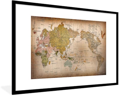 Poster in lijst - Fotolijst 120x80 cm - Posters - Klassieke wereldkaart de verspreiding van mensenrassen - Posterlijst zwart - Decoratie - Wanddecoratie woonkamer - Muurdecoratie slaapkamer