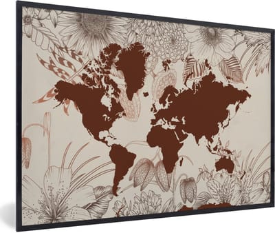 Poster in lijst - Fotolijst 90x60 cm - Posters - Wereldkaart - Bloemen - Rood - Posterlijst zwart - Decoratie - Wanddecoratie woonkamer - Muurdecoratie slaapkamer