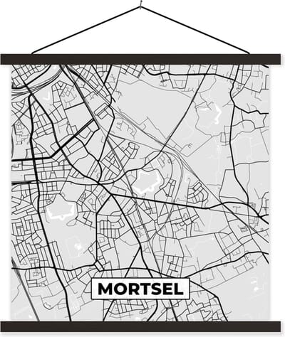 Posterhanger incl. Poster 60x60 cm - Schoolplaat - Stadskaart – Zwart Wit - Kaart – Mortsel – België – Plattegrond - Textielposter - Zwarte latten - Stadskaart