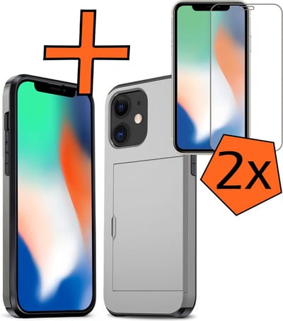 Hoesje Geschikt voor iPhone 11 Hoesje Pasjeshouder Shockproof Hard Case Met 2x Screenprotector - Hoesje Geschikt voor iPhone 11 Hoes Met Kaarthouder - Grijs