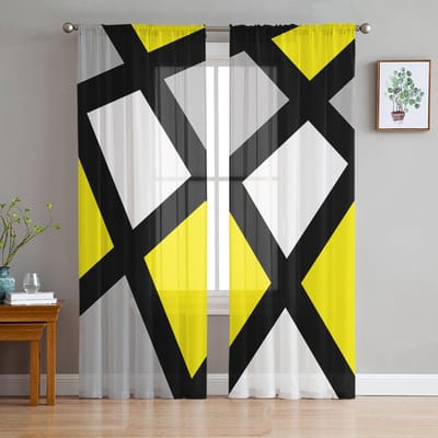 Gele Zwarte Grijze Geometrische Vierkante Transparante Gordijnen voor Woonkamer Decoratie Raambekleding Keuken Tule Voile Gordijnen W135 x H185cm x1