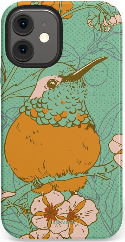 Casetastic hoesje geschikt voor Apple iPhone 12 Mini - Dubbellaagse bescherming - Bloesem Kolibrie - Fashion Case - Mintgroen Okergeel Zand