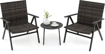 COSTWAY 3-delige tuinmeubelset, rotan balkonmeubels met 2 stoelen en tafel, balkonset met metalen frame en polyrotan zitting en rugleuning, zitgroep voor balkon, veranda, tuin