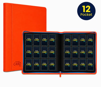 TradingCardPro® Deluxe 12-Pocket Verzamelmap – Met Ritssluiting – Geschikt voor Pokemon – 480 Kaarten – 12 Pocket - Binder - Oranje met blauwe details
