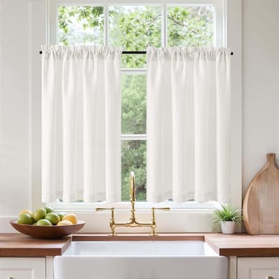 wafelgordijnen, ondoorzichtige moderne witte keukengordijnen, 1-kleurig, bistrogordijn, set van 2, 90Bx115Hcm, landhuisgordijnen, kort met stangendoortrek, keukengordijnen voor woonkamer