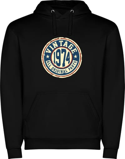 Zwarte unisex hoodie met “ Vintage 1974 All Original Parts “ Print Full Color Color merk Roly maat S