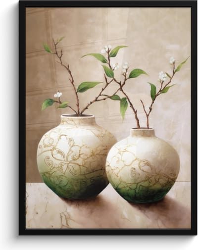Poster in lijst - Fotolijst 60x80 cm - Posters - Bloemen - Vaas - Wit - Botanisch - Beige - Posterlijst zwart - Wanddecoratie badkamer - Muurdecoratie WC - Decoratieve accessoires - Toilet muur decoratie