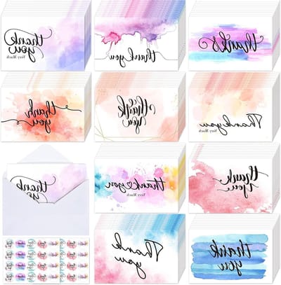 Bedankkaarten Aquarel - Wenskaarten Notities - Feestelijke Gelegenheden - Met Enveloppen Stickers - 100 stuks - Multi-color