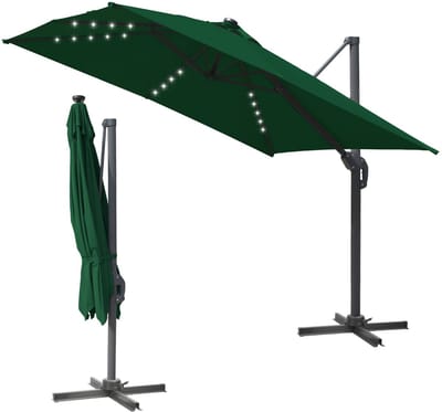 Vrijdragende parasol voor tuinterras, hangende banaanparasol, zonnescherm met UV 50+ bescherming, 360° rotatie, verstelbare kanteling, zwengel voor openen en sluiten, met LED,Groen