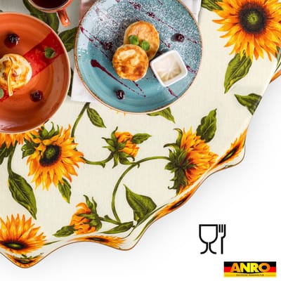 ANRO Tafelkleed Zonnebloemen Meerkleurig Rond Ø100cm Met sierband Afwasbaar Waterafstotend