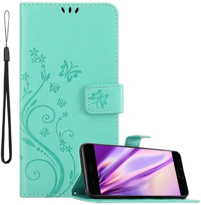 Cadorabo Hoesje geschikt voor Huawei P10 in BLOEMEN TURKOOIS - Beschermhoes in bloemmotief met magnetische sluiting, standfunctie en kaartsleuven Book Case Cover Etui