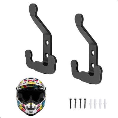 SnelShoppen - Motorhelm Houder, RVS Wandhaak voor Motorhelmen, Jassen en Handschoenen, Zwart, Pack van 2 - Sterke en Duurzame Helmhouder