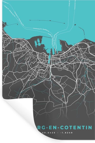 Muurstickers - Sticker Folie - Plattegrond - Kaart - Cherbourg-en-Cotentin - Stadskaart - Frankrijk - 20x30 cm - Plakfolie - Muurstickers Kinderkamer - Zelfklevend Behang - Zelfklevend behangpapier - Stickerfolie