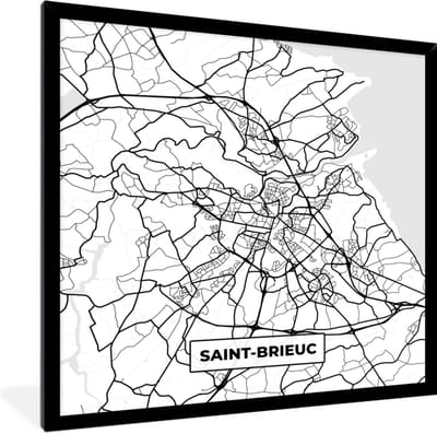 Fotolijst incl. Poster Zwart Wit- Frankrijk – Kaart – Plattegrond – Stadskaart - Saint-Brieuc - Zwart wit - 40x40 cm - Posterlijst