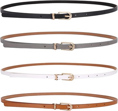 Dunne Leren Tailleband voor Dames - 4 Stuks in Zwart, Wit, Grijs en Kameel - Perfect voor Jurken en Broeken