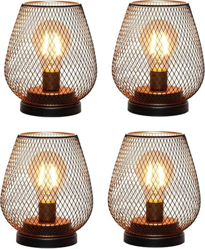 Set van 4 Decoratieve Draadloze Lampen voor Buiten en Binnen, Vintage Stijl, Metaal Kooi Design met LED Gloeilampen voor Bruiloften, Feesten, Patio & Evenementen