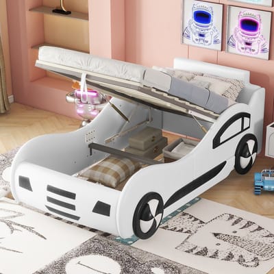 Vlak bed, 90 x 200 cm, bed met lattenbodem (zonder matras), kinderbed, kinderbed met opbergruimte onder het bed, wit