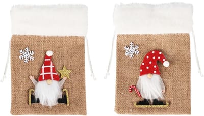 Dekoratief | Zakje m/gnoompje, rood/wit/naturel, jute, 17x12x1cm, set van 2 stuks | A255489