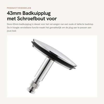 Dailygoods- Badkuipplug 43mm - In hoogte verstelbare badstop - Badafvoerstop fitting - Verchroomd koper - Rubber afdichtring - Schroefbout bevestiging - Badafvoerplug