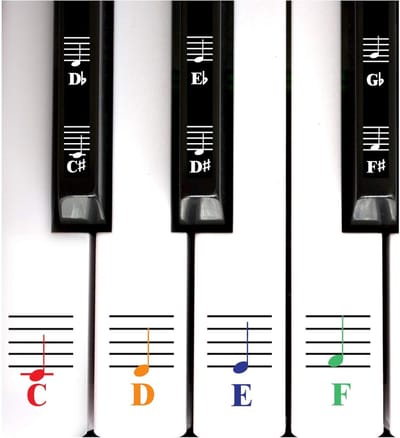 Muziek Noten Stickers - Toetsenbord Hulp - Muziek Leren - Kleurgecodeerde Noten - 88 Stuks - Transparant