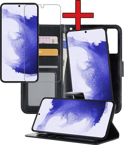 Hoesje - 2 in 1 - Geschikt voor Samsung Galaxy S22 - Met Screenprotector - En Uitneembare Hard Cover - Kunstleer - Bookcase - Wallet Case - Met Pasjeshouder - Book Case - Uitneembaar - Pashouder - Telefoonhoes - Zwart