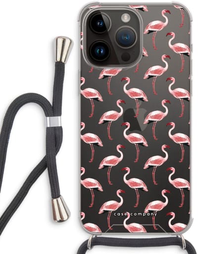 Case Company® - Hoesje met koord geschikt voor iPhone 14 Pro Max hoesje met Koord - Flamingo - Telefoonhoesje met Zwart Koord - Bescherming aan alle Kanten en Over de Schermrand