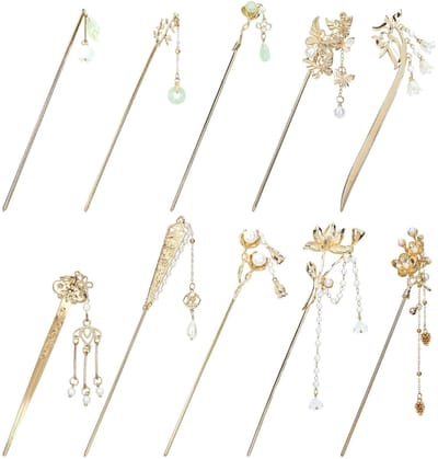 Dailygoods- Haarspelden 10-delige set - Retro Gouden Metalen Haarspelden - Parel/Jade Dangles - Lange Haarstokjes - Aziatische Bloem/Vlinder - Perfect voor Lang/Dik Haar