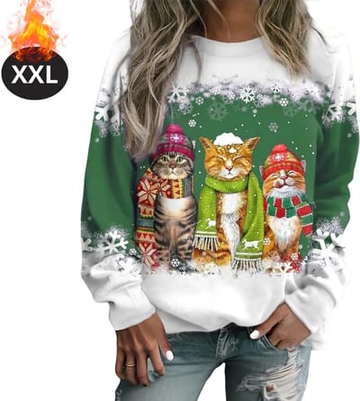 Bovista Kersttrui - Dames - Foute Kersttrui - Christmas Sweater - Kattenprint - Kerst Sweater - Christmas Jumper - Pyjama - Groen - XXL