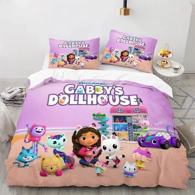 Housse de couette imprimée en 3D Taie d'oreiller Ensemble de literie Twin Full King pour Enfants Adultes Chambre Gabbys Doll house 140x200cm 3pcs