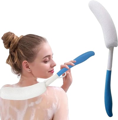 Verzorgingsborstel voor het Lichaam met Lange Gebogen Handgreep, Zachte Spons voor Exfoliatie en Reiniging van de Huid, Ideaal voor Douche en Bad