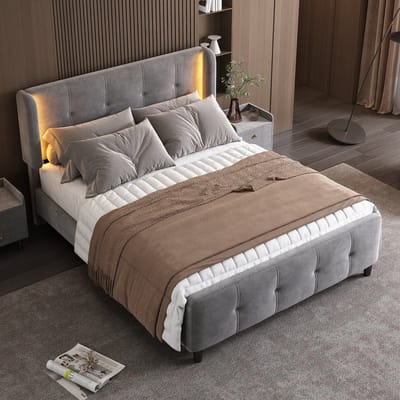 DESMIU Gestoffeerd Bed 140x200 cm – Tweepersoonsbed Met 16-Kleurige Ledverlichting – Verstelbaar Hoofdbord – Zonder Opbergruimte – Fluweel – Grijs – Zonder Matras