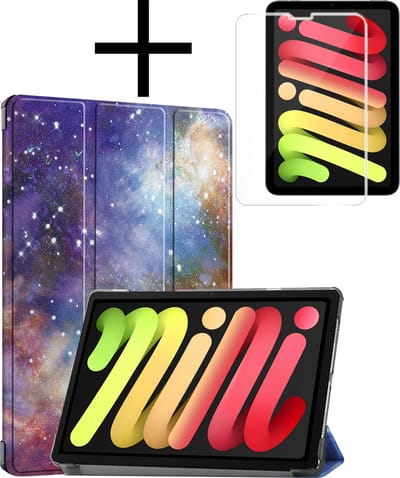 Hoes - Geschikt voor Apple iPad Mini 7 (2024) - 8.3 inch - 7e Generatie - Met Screenprotector - Trifold Bookcase - Hard Cover - Hardcover Book Case - Tablet Hoesje - Galaxy