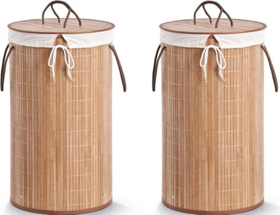 Zeller Wasmand - 2x - bamboe hout - rond/deksel - 35 x 60 cm - 73 Liter - Wasgoed sorteren/verzamelen - Wasgoedmanden