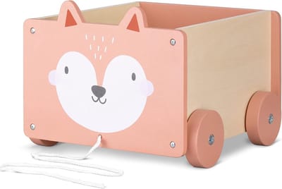 Houten speelgoedkist op wielen met vosdesign - Grote opbergbox voor speelgoed met trekkoord - Lichtbruin - 255 x 24 x 20 cm