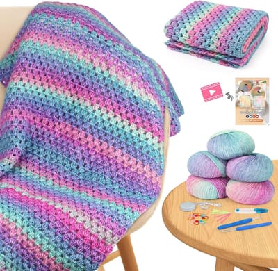 Crochet Deken Set voor Beginners - Handgemaakte Haakset met Kleurrijke Patronen en Accessoires