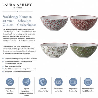 Laura Ashley Stockbridge Kommen set van 4 - Schaaltjes - Ø16 cm - Kerstservies - Geschenkdoos - Schaaltjes