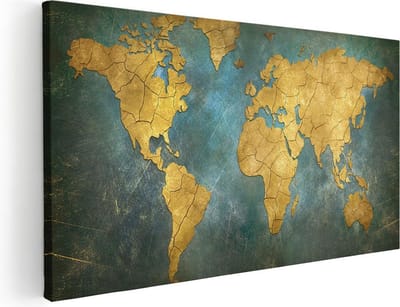 Artaza Canvas Schilderij Wereldkaart - 40x20 cm - Klein - Wanddecoratie Vintage - Muurdecoratie Woonkamer - Schilderijen Op Canvas