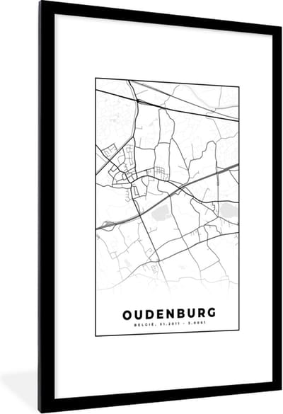 Fotolijst incl. Poster Zwart Wit- Zwart Wit – België – Plattegrond – Stadskaart – Kaart – Oudenburg - 80x120 cm - Posterlijst
