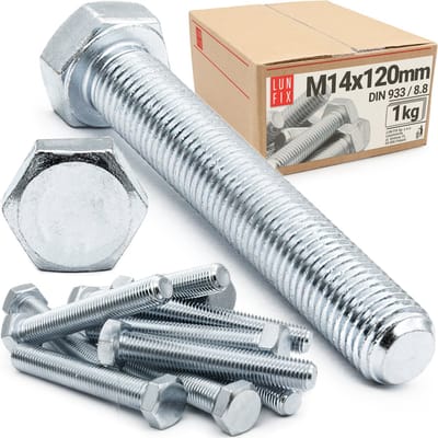 LUN FIX - Zeskantschroeven M14 x 120 - 1 kg (ca. 6 stuks) - DIN 933 Volledige schroefdraad - verzinkt staal