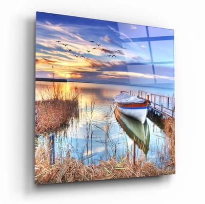 Glasschilderij Boot aan de Steiger – Zonsondergang aan het Water – Gehard Glas 4 mm