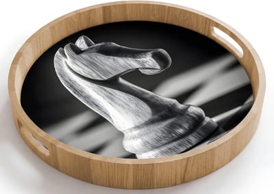 Dienblad rond 40x40 cm - Schootdienblad hout - Paard - Hout - Schaalbord - Zwart - Borrelplank rechthoek - Plateau houten dienbladen