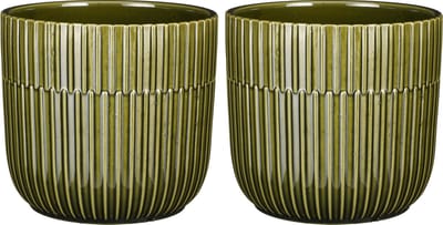 Mica Decorations - 2x - Plantenpot/bloempot - keramiek - groen - stripes patroon - D17,5 x H16 cm